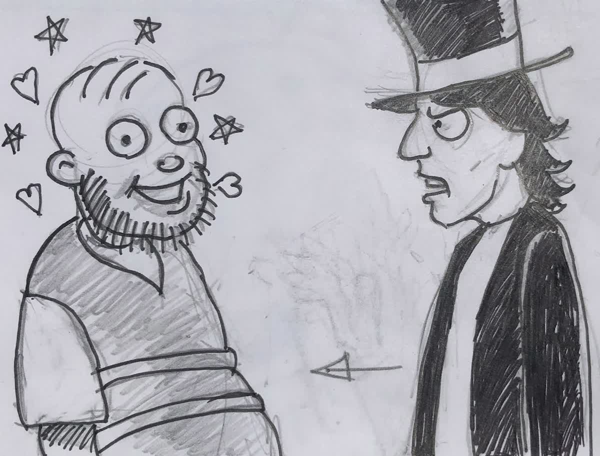 Bob sneering in his top hat at an overjoyed fan